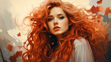 un' pittura di un' donna con lungo rosso capelli generativo ai foto