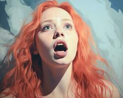 un' pittura di un' donna con rosso capelli e un Aperto bocca generativo ai foto
