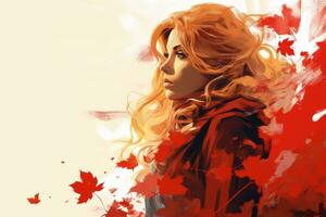 un' pittura di un' donna con rosso capelli e le foglie generativo ai foto