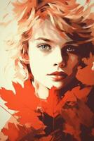 un' pittura di un' donna con rosso capelli e le foglie generativo ai foto