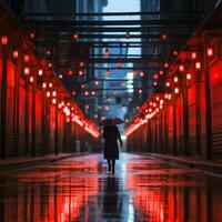 un' persona a piedi giù un' buio vicolo con un ombrello generativo ai foto