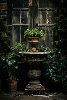 un' in vaso pianta si siede su un' piedistallo nel davanti di un vecchio finestra generativo ai foto