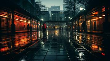 un' piovoso notte scena con persone a piedi giù il strada generativo ai foto