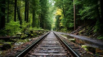 un' Ferrovia traccia nel il boschi con alberi su o lato generativo ai foto