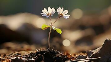 un' piccolo bianca fiore è in crescita su di il terra generativo ai foto