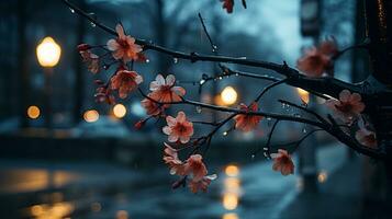 un' albero ramo con fiori nel il pioggia generativo ai foto