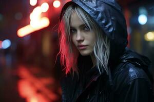un' donna nel un' nero giacca in piedi nel il pioggia generativo ai foto