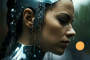 un' donna nel un' futuristico completo da uomo con pioggia gocce su sua testa generativo ai foto