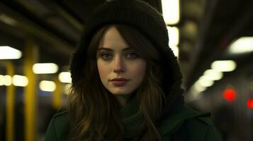 un' donna nel un' verde giacca e nero cappello in piedi su un' metropolitana piattaforma generativo ai foto