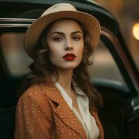 un' donna nel un' cappello e rosso rossetto seduta nel un vecchio auto generativo ai foto