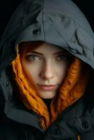 un' donna nel un' incappucciato giacca con arancia capelli generativo ai foto