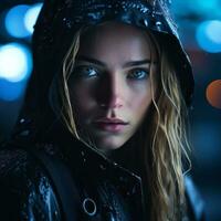 un' donna nel un' pioggia giacca con blu occhi generativo ai foto