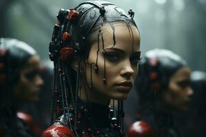 un' donna nel un' rosso e nero completo da uomo con un' robot testa generativo ai foto