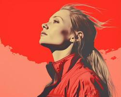 un' donna nel un' rosso giacca guardare su a il cielo generativo ai foto