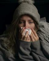 un' donna è soffiaggio sua naso mentre seduta nel letto generativo ai foto
