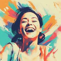 un' donna è ridendo nel davanti di un' colorato sfondo generativo ai foto