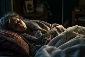 un' donna è addormentato nel letto con un' coperta generativo ai foto