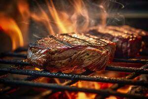 carne grigliate su un' carbone griglia con Fumo in aumento. ai generato foto