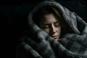 un' donna è avvolto nel un' coperta su un' nero sfondo generativo ai foto
