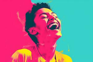 un' donna ridendo nel davanti di un' colorato sfondo generativo ai foto