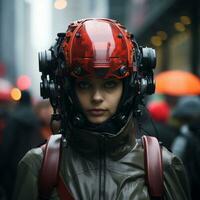 un' donna indossare un' casco con un' lotto di elettronica su esso generativo ai foto