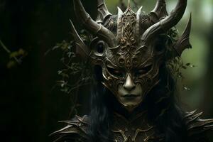 un' donna indossare un' maschera con corna nel il boschi generativo ai foto
