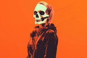 un' donna indossare un' cranio maschera su un arancia sfondo generativo ai foto