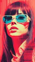 un' donna indossare occhiali da sole nel un' rosso e blu sfondo generativo ai foto
