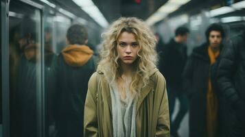 un' donna con bionda capelli in piedi nel un' metropolitana generativo ai foto