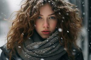un' donna con Riccio capelli nel il neve generativo ai foto