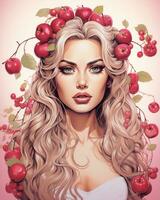 un' donna con lungo bionda capelli e rosso mele su sua testa generativo ai foto