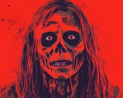 un' donna con lungo capelli e un' zombie viso su un' rosso sfondo generativo ai foto