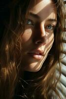 un' donna con lungo capelli e blu occhi sembra su il finestra generativo ai foto