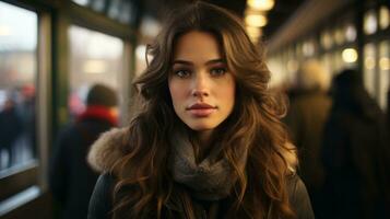 un' donna con lungo capelli in piedi nel un' treno stazione generativo ai foto