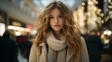 un' donna con lungo capelli in piedi nel un' centro commerciale generativo ai foto