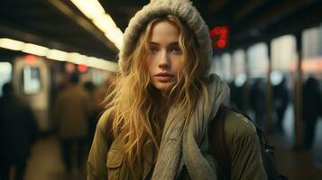 un' donna con lungo capelli in piedi nel un' metropolitana stazione generativo ai foto