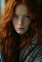 un' donna con lungo rosso capelli e lentiggini generativo ai foto