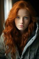 un' donna con lungo rosso capelli generativo ai foto