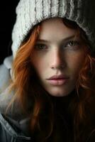 un' donna con rosso capelli e un' Beanie generativo ai foto