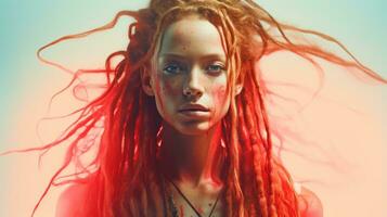 un' donna con rosso capelli e dreadlocks generativo ai foto