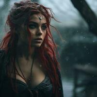 un' donna con rosso capelli in piedi nel il pioggia generativo ai foto