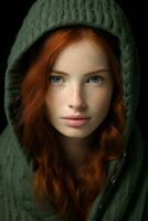 un' donna con rosso capelli indossare un' verde maglione generativo ai foto