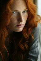 un' donna con rosso capelli generativo ai foto