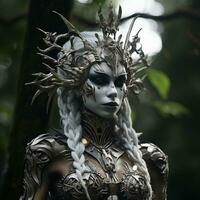 un' donna con bianca capelli e argento armatura in piedi nel il boschi generativo ai foto