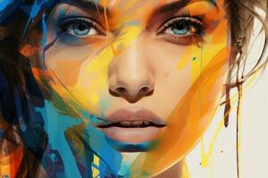 un' womans viso è dipinto con colorato dipingere generativo ai foto