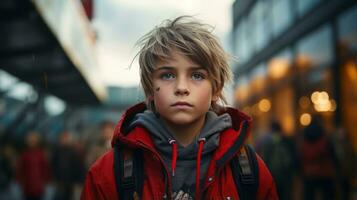 un' giovane ragazzo nel un' rosso giacca guardare a il telecamera generativo ai foto