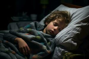 un' giovane ragazzo addormentato nel letto a notte generativo ai foto