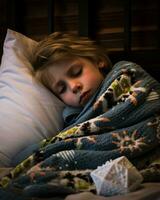 un' giovane bambino addormentato nel un' letto generativo ai foto