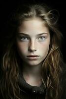 un' giovane ragazza con blu occhi e lungo capelli generativo ai foto