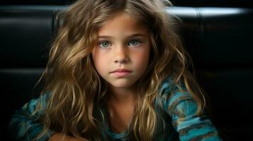 un' giovane ragazza con blu occhi seduta su un' divano generativo ai foto